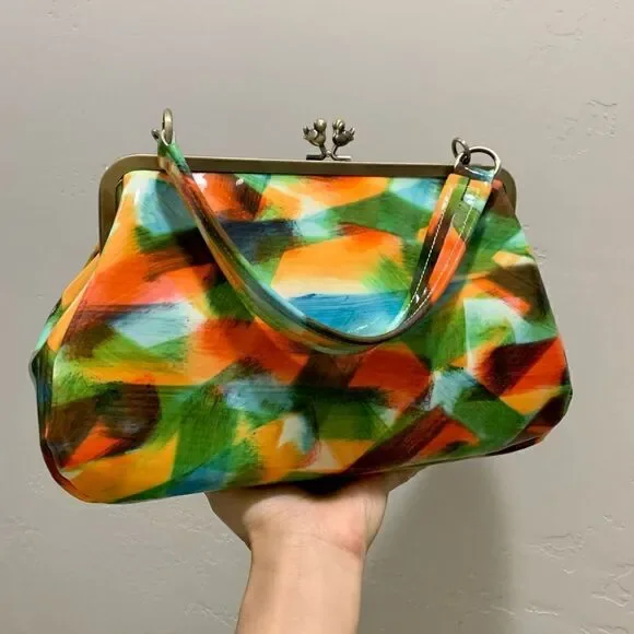 Handmade Genuine Leather Abstract Print “Birds” Kisslock Wristlet/Crossbody - Picture 10 of 17